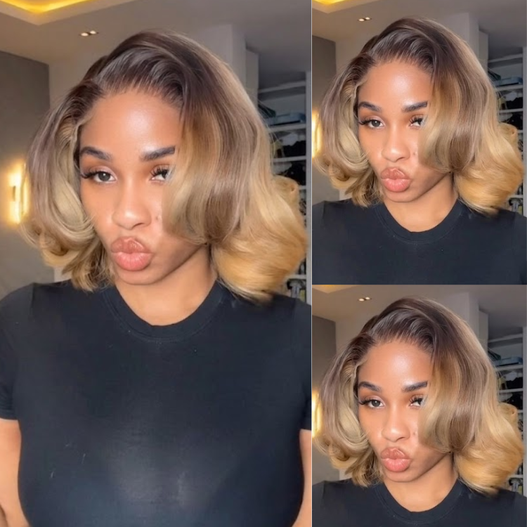 Honey Blonde Highlights Layered Bob Pre-plucked HD Lace Wig Ombre Dark Roots Voluminous Waves Human Hair- Rafarada