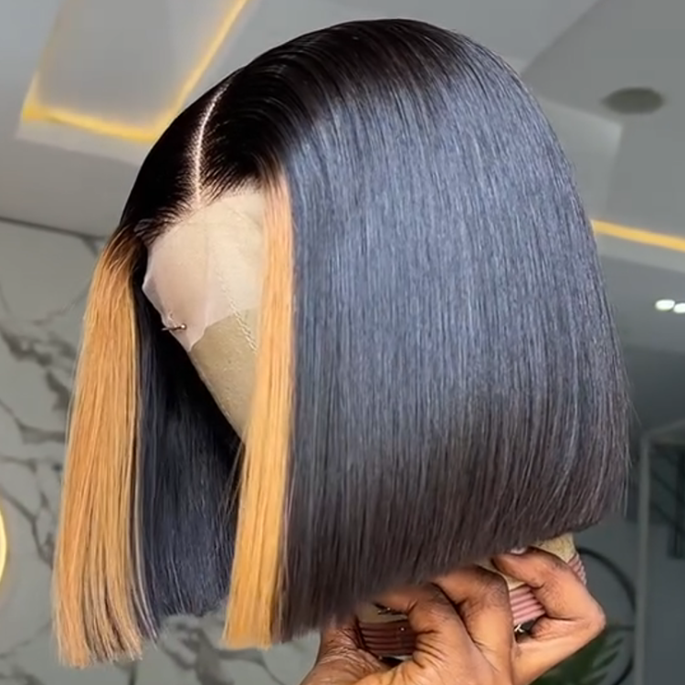 Straight Ombre Bob Wig for Black Women with Pre-Colored Honey Blonde Highlights - Rafarada