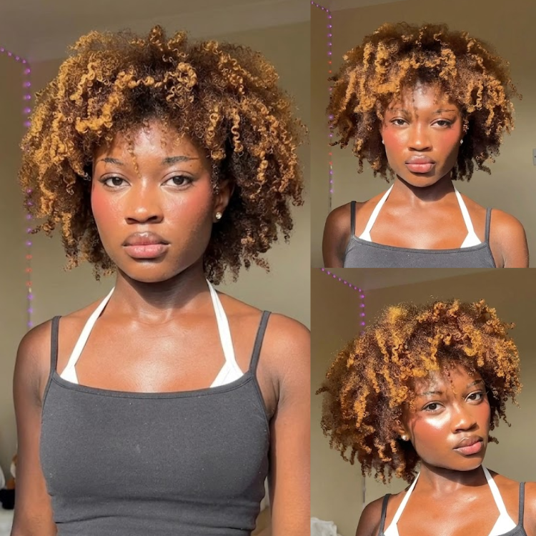 Honey Blonde Ombre Kinky Curly Wig with Bangs Glueless Afro Coily Human Hair Wig for Women- Rafarada