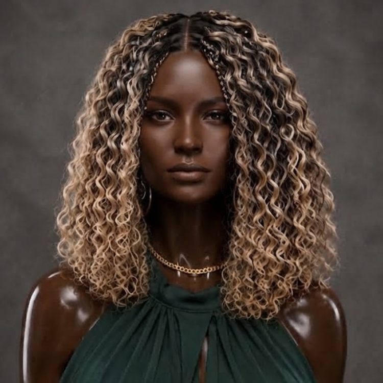 Honey Blonde and Dark Brown Highlight Cornrow Braided Curly Human Hair Wig - Glueless Easy Install - Rafarada