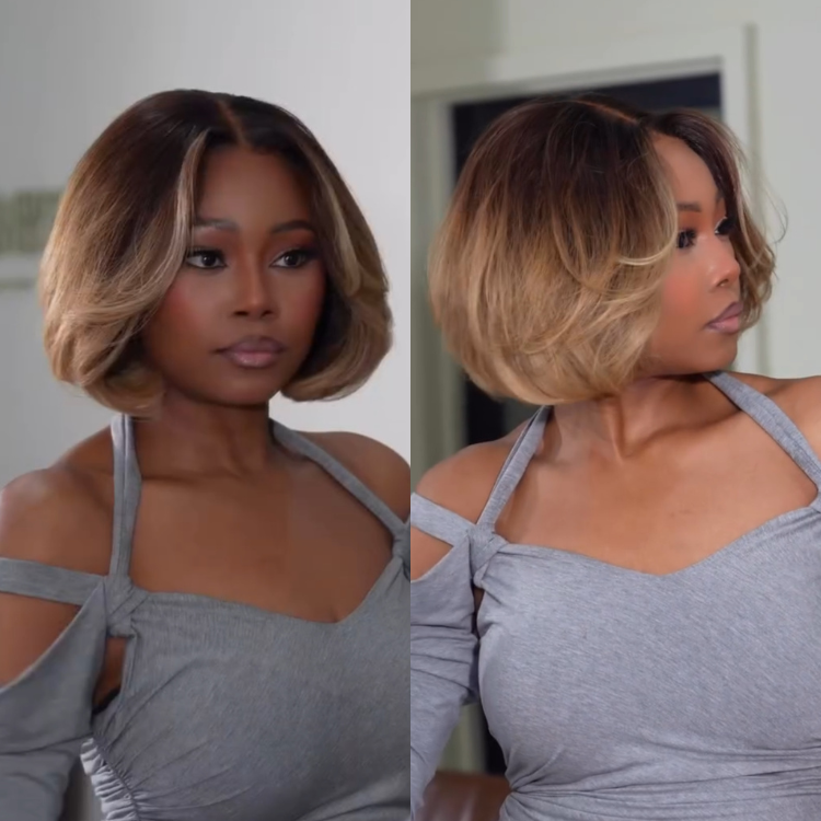 Short Ombre Honey Blonde Bouncy Bob Wig Glueless Lace Wig for Black Women - Rafarada