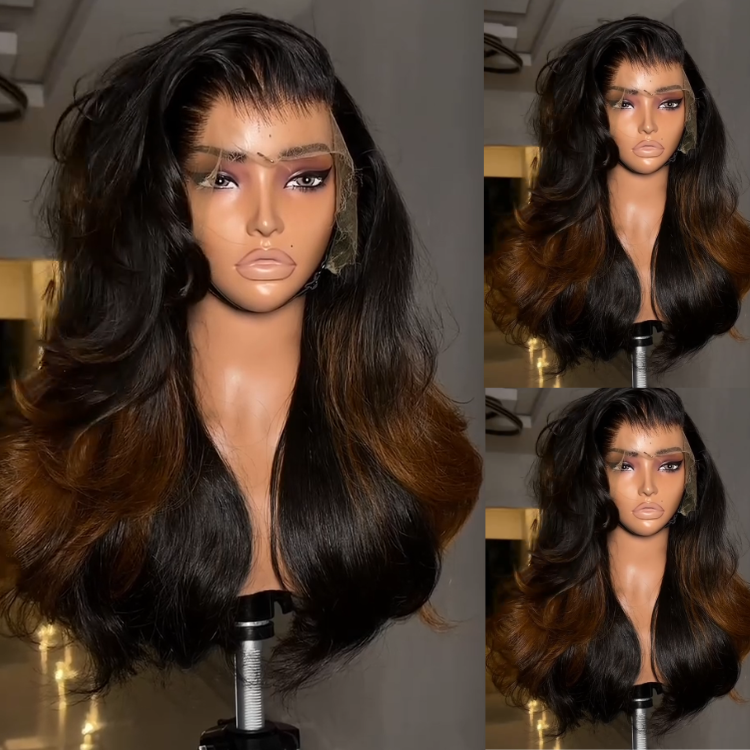 Radiant Balayage Honey Brown Highlighting over Black Human Hair Wig - Glossy Deep Black and Sunkissed Fine Waves with Face-Framing Volume- Rafarada