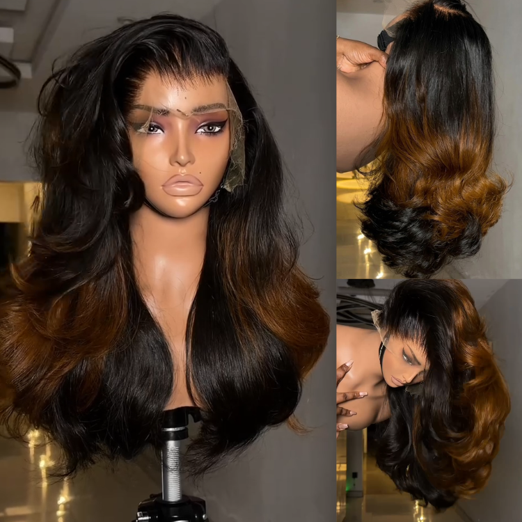 Radiant Balayage Honey Brown Highlighting over Black Human Hair Wig - Glossy Deep Black and Sunkissed Fine Waves with Face-Framing Volume- Rafarada