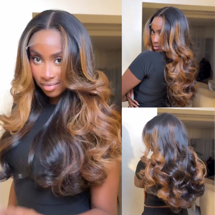 Honey Blonde Highlight Loose Wave Lace Front Human Hair Wig Ombre Brown Bouncy Body Wave Wigs for Women - Rafarada