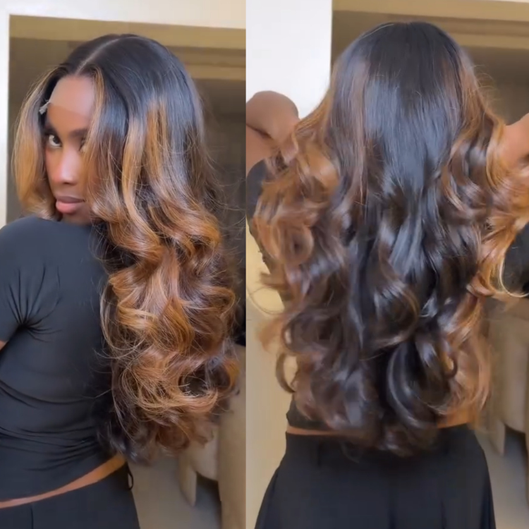 Honey Blonde Highlight Loose Wave Lace Front Human Hair Wig Ombre Brown Bouncy Body Wave Wigs for Women - Rafarada