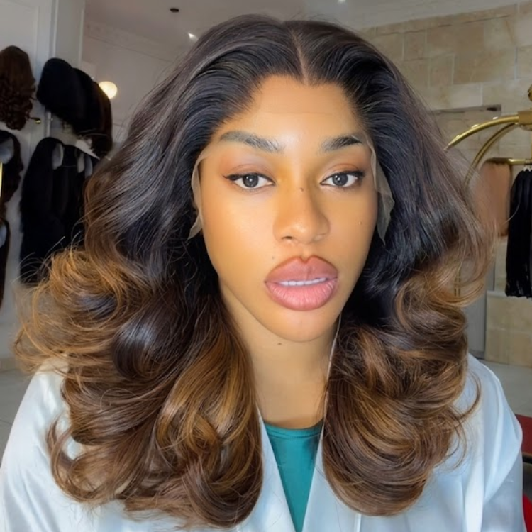 Honey Brown Ombre Body Wave Wig 100% Human Hair - Two-Tone Dark Brown to Honey Blonde Bouncy Wavy Wig- Rafarada