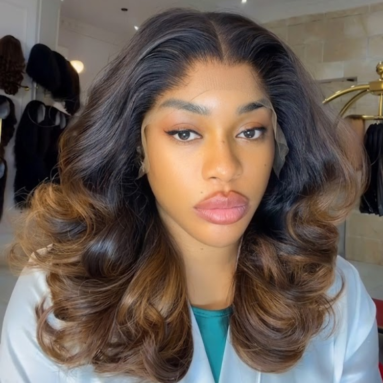 Honey Brown Ombre Body Wave Wig 100% Human Hair - Two-Tone Dark Brown to Honey Blonde Bouncy Wavy Wig- Rafarada