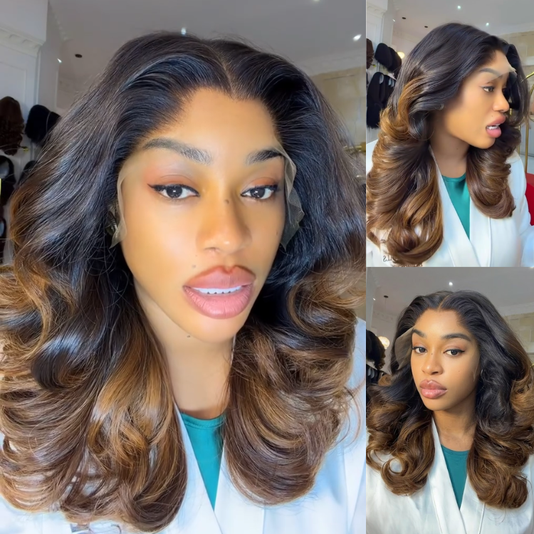 Honey Brown Ombre Body Wave Wig 100% Human Hair - Two-Tone Dark Brown to Honey Blonde Bouncy Wavy Wig- Rafarada