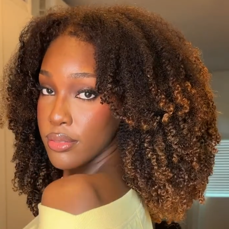 Glueless Kinky Curly Human Hair Half Wig Natural Dark Brown & Honey Highlight Afro Textured With 4C Edges - Rafarada