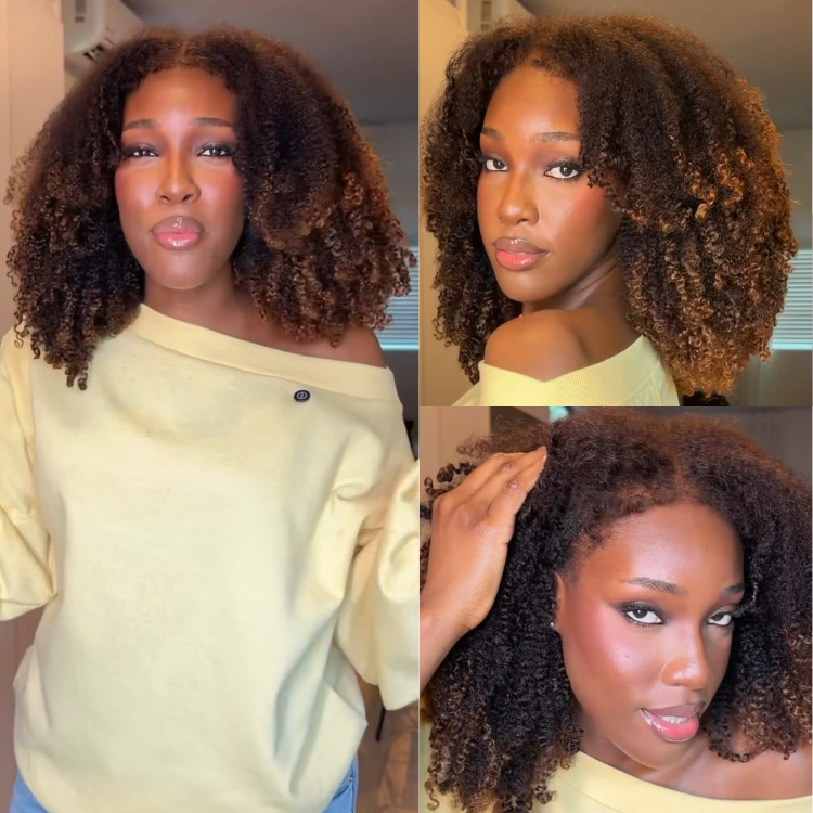 Glueless Kinky Curly Human Hair Half Wig Natural Dark Brown & Honey Highlight Afro Textured With 4C Edges - Rafarada