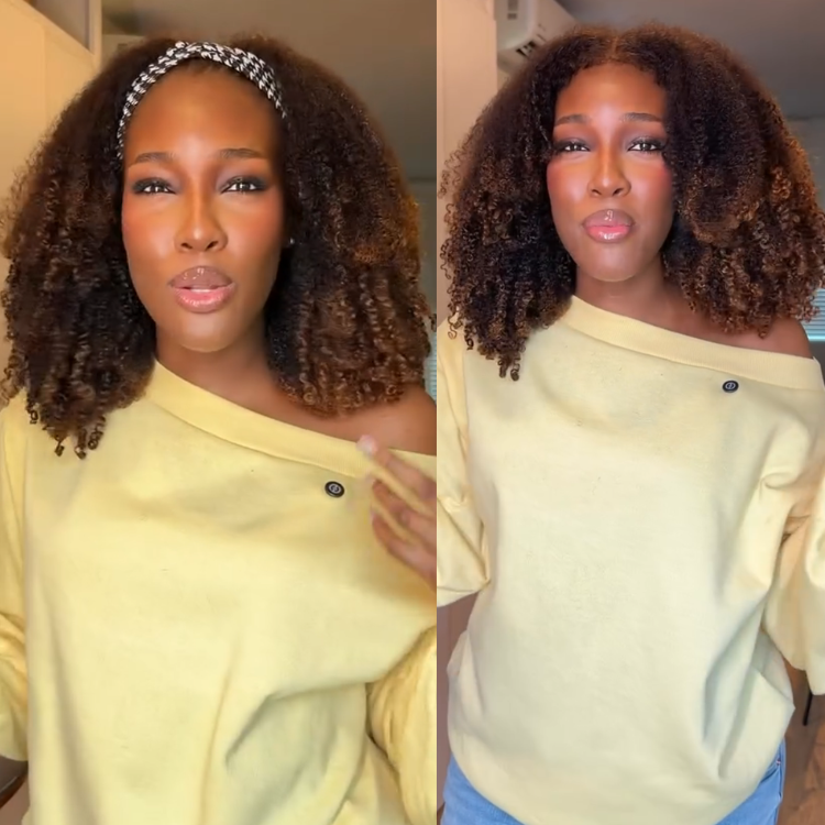 Glueless Kinky Curly Human Hair Half Wig Natural Dark Brown & Honey Highlight Afro Textured With 4C Edges - Rafarada
