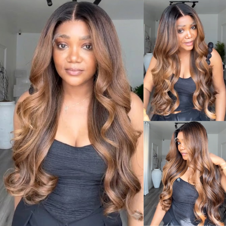 Ombre Chocolate to Honey Blonde Deep Wave Glueless Human Hair Wig, Pre Plucked HD Lace Frontal Wig with Dark Roots, Long Defined Curls High-End Wig- Rafarada