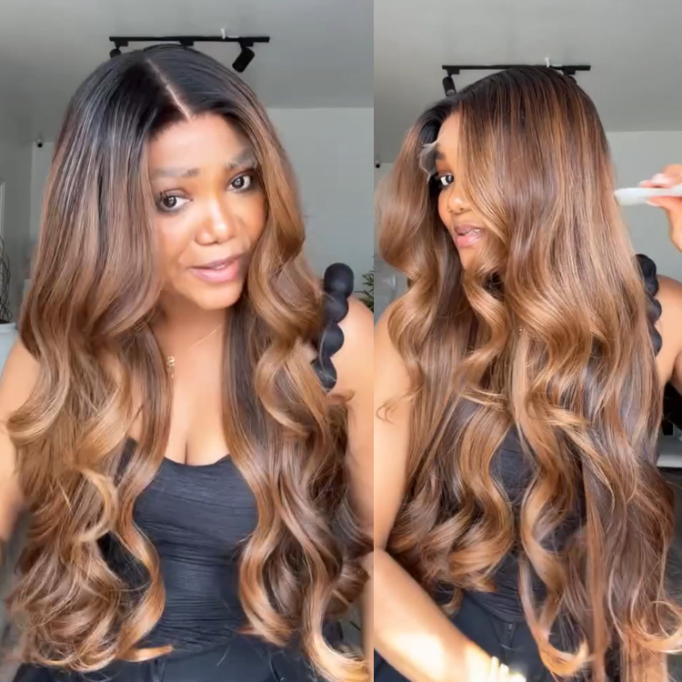 Ombre Chocolate to Honey Blonde Deep Wave Glueless Human Hair Wig, Pre Plucked HD Lace Frontal Wig with Dark Roots, Long Defined Curls High-End Wig- Rafarada