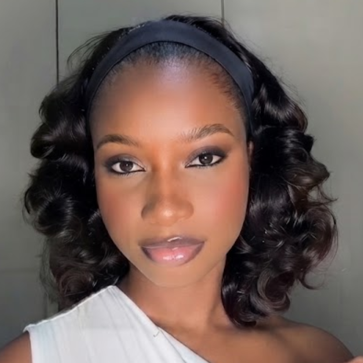Jet Black Voluminous Curly Human Hair Headband Wig - 1B Color Bouncy Curls - Glueless Wear & Go- Rafarada