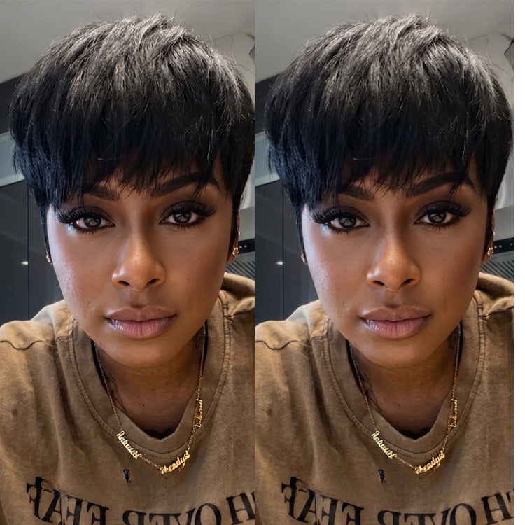 Jet Black Short Layered Pixie Cut Wig with Feathered Waves and Wispy Bangs for Women- Rafarada