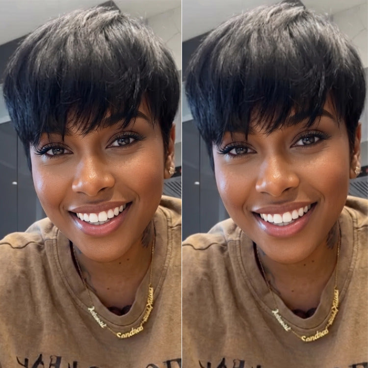 Jet Black Short Layered Pixie Cut Wig with Feathered Waves and Wispy Bangs for Women- Rafarada