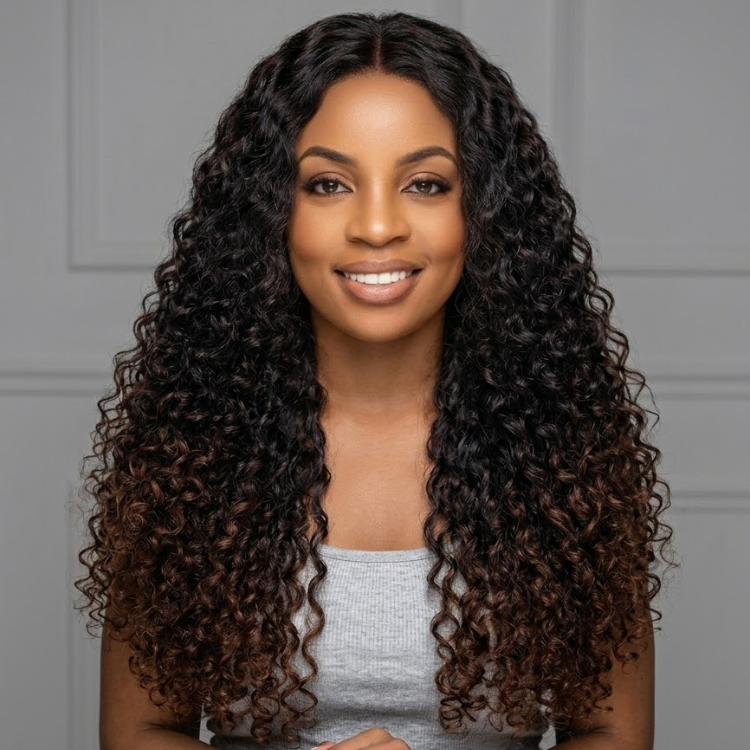 Pre-Plucked Glueless Lace Frontal Wig - Voluminous Ombre Dark Roots to Mocha Brown Ends Kinky Coil Curls Human Hair Wigs for Women- Rafarada