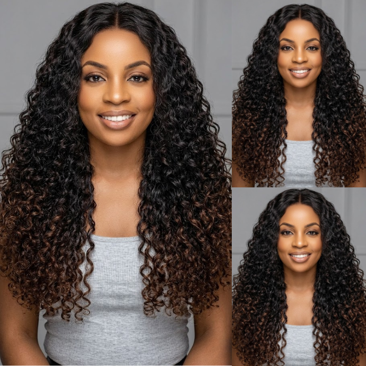 Pre-Plucked Glueless Lace Frontal Wig - Voluminous Ombre Dark Roots to Mocha Brown Ends Kinky Coil Curls Human Hair Wigs for Women- Rafarada