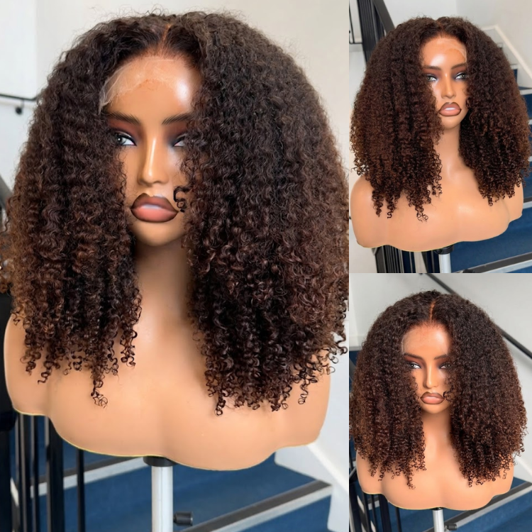 Glueless Kinky Curly Human Hair Lace Front Wig Natural Black Mixed Caramel Brown Highlights- Rafarada