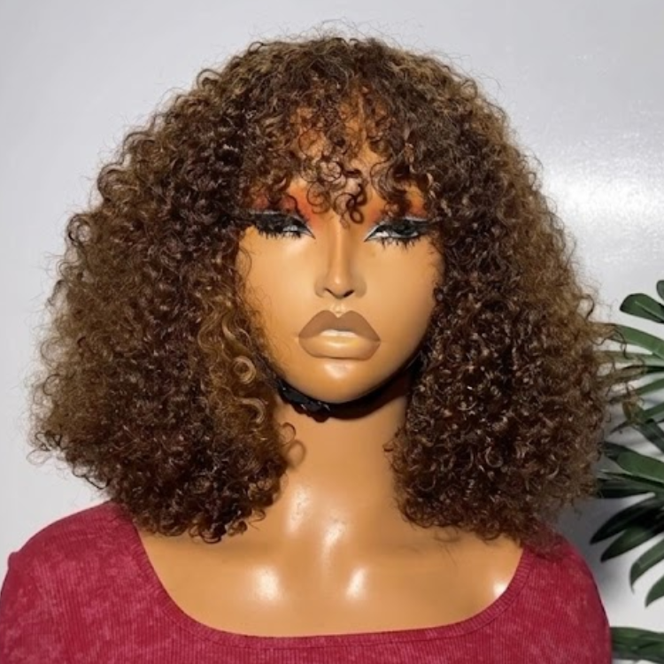 Ombre Dark Brown Highlights Kinky Curly Human Hair Wig with Bangs Voluminous Afro Coily Short Bob Wig - Rafarada