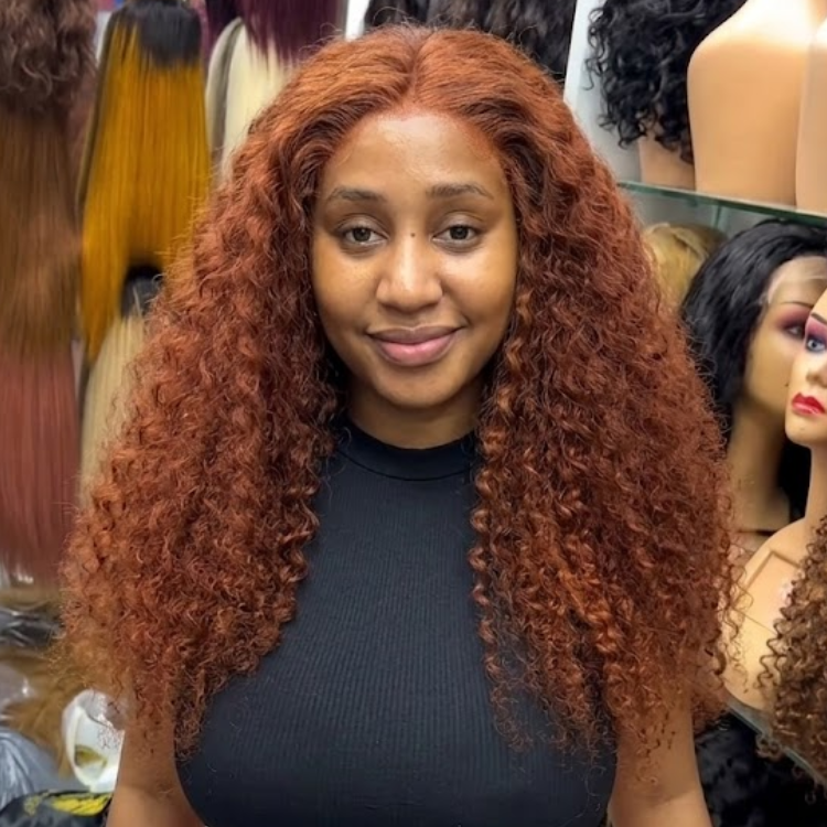 Dark Auburn Kinky Curly Glueless Human Hair Wig - 13x4 Lace Front Deep Wave Wig for Women, Pre-Plucked with Baby Hair- Rafarada