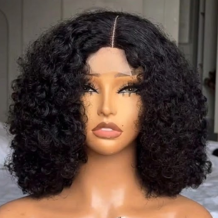 Natural Black Kinky Curly Lace Front Wig - Glueless Short Voluminous Bob Human Hair Wig - Rafarada