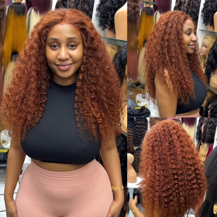 Dark Auburn Kinky Curly Glueless Human Hair Wig - 13x4 Lace Front Deep Wave Wig for Women, Pre-Plucked with Baby Hair- Rafarada