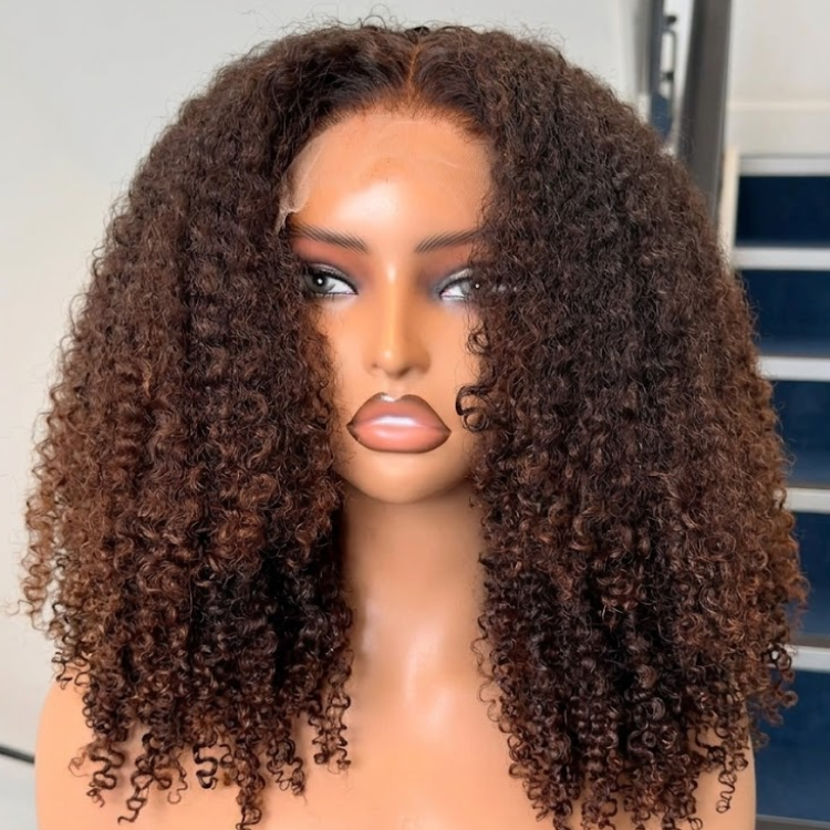 Glueless Kinky Curly Human Hair Lace Front Wig Natural Black Mixed Caramel Brown Highlights- Rafarada