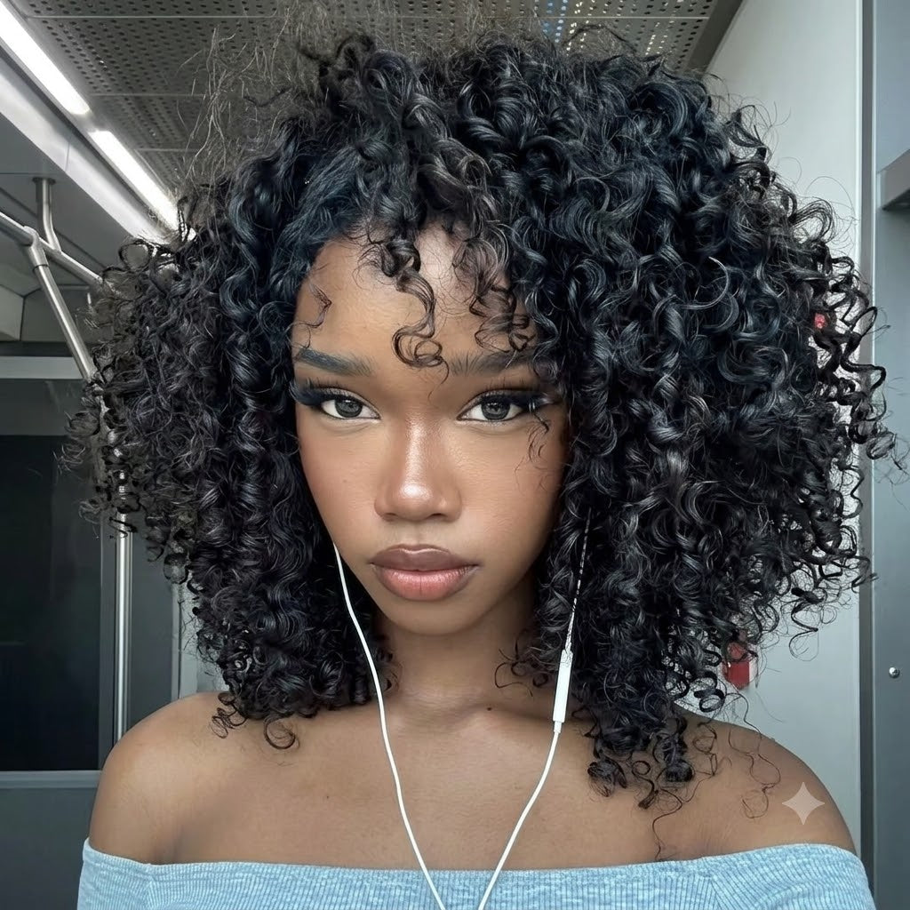 Black Kinky Curly Human Hair Wig with Bangs - Voluminous Glueless Coily Lace Wig - Rafarada