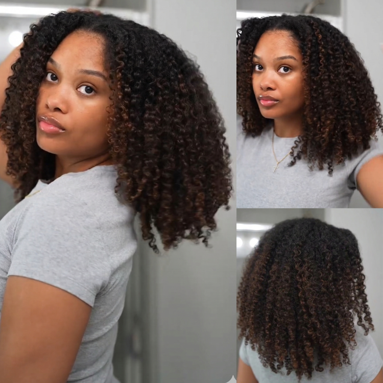 Ready-to-Go Glueless Kinky Curly Wig Spiral Mixed Curls with Brown Highlights - 100% Human Hair Lace Wig- Rafarada
