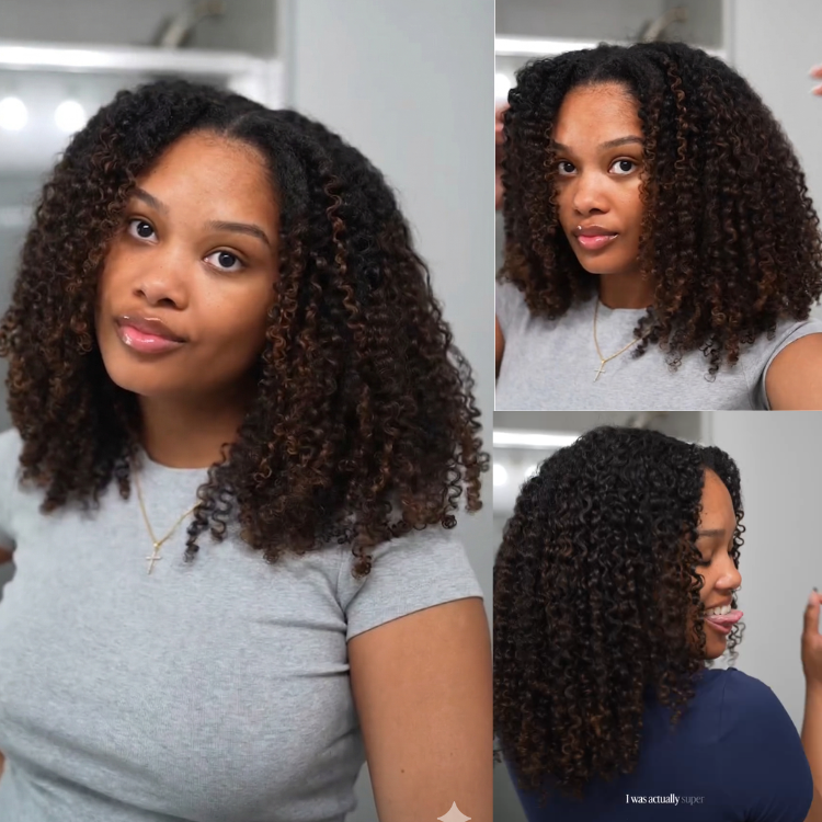 Ready-to-Go Glueless Kinky Curly Wig Spiral Mixed Curls with Brown Highlights - 100% Human Hair Lace Wig- Rafarada
