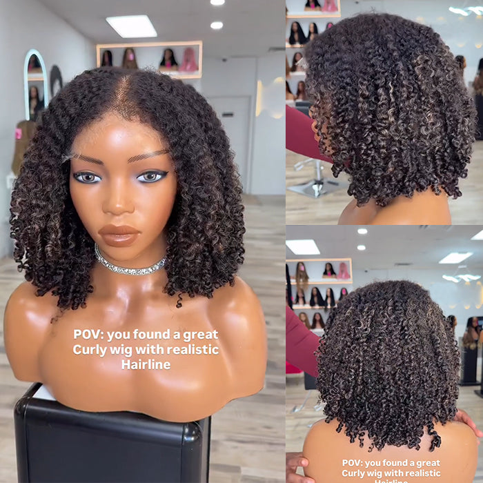 Kinky Curly Mixed Spiral Curls Glueless Human Hair Lace Front Wig Natural Black With Highlight Color 4C Edges Hairline- Rafarada