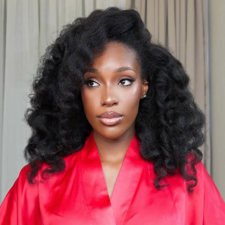 Kinky Straight Bouncy Curl Lace Front Wig Natural Human Hair Glueless Wigs - Rafarada