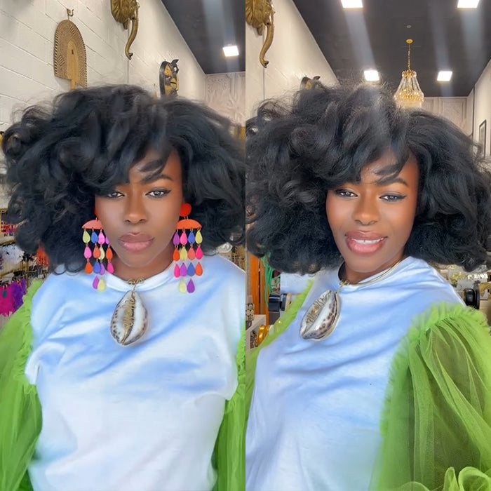 Kinky Straight With Bouncy Curls Wig Glueless Human Hair Wig Natural Black Color Glueless Short Bob Lace Front Human Hair Wig- Rafarada