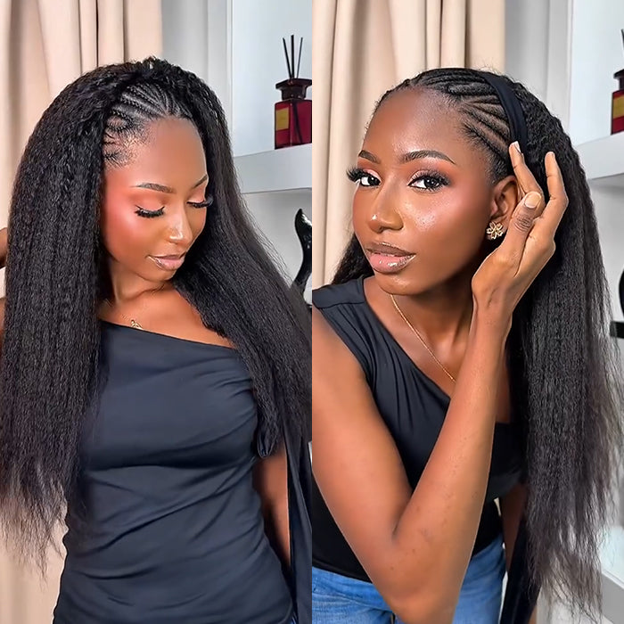 Natural Black Color Kinky Straight Headband Wig Human Hair Glueless None Lace Front Wigs - Rafarada)