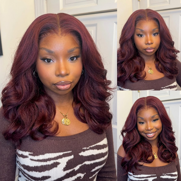 Deep Burgundy Layered Body Wave Wig - 99J Wine Red Glueless Human Hair Lace Front Wig with Pre-Plucked Natural Hairline- Rafarada