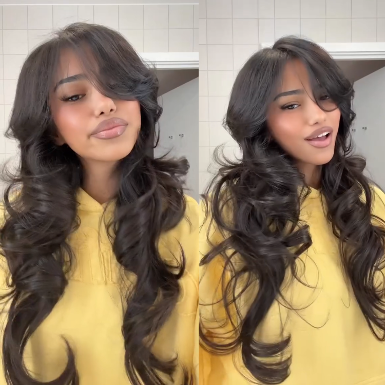 Jet Black Voluminous Layered Body Wave Human Hair Lace Front Wig - Bouncy Loose Waves- Rafarada