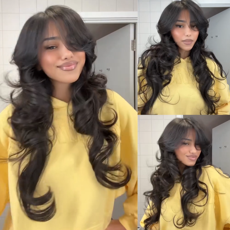 Jet Black Voluminous Layered Body Wave Human Hair Lace Front Wig - Bouncy Loose Waves- Rafarada