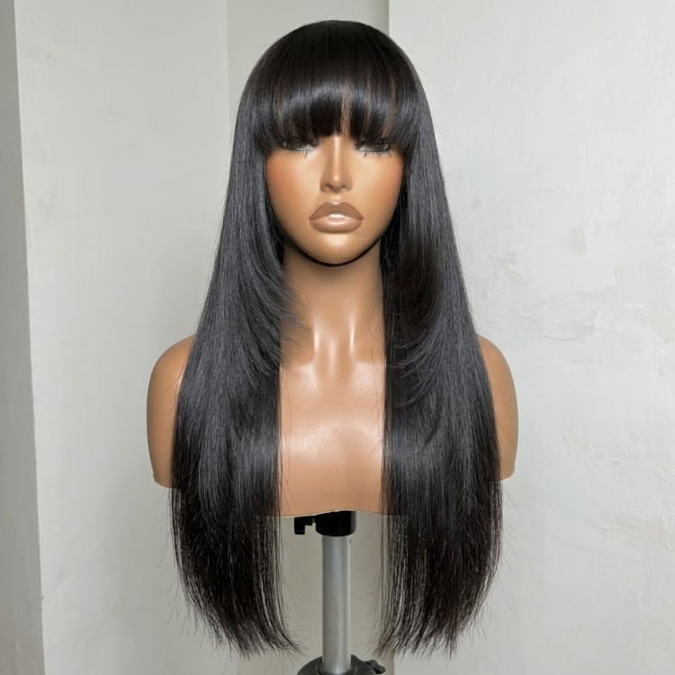 Sleek Jet Black Silk Straight Wig with Full Blunt Bangs - Pre-Plucked Multi-Layer Human Hair Lace Frontal Wig for Women- Rafarada