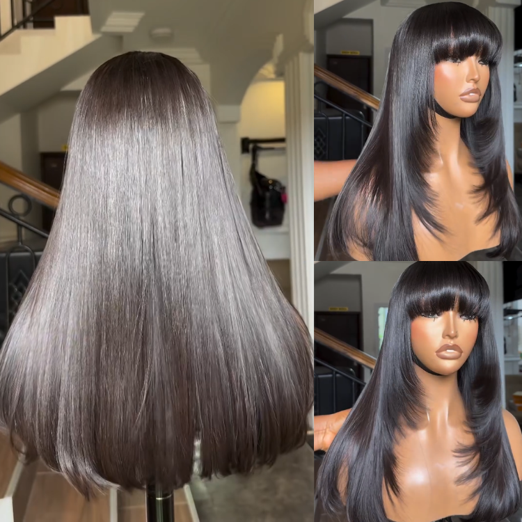 Sleek Jet Black Silk Straight Wig with Full Blunt Bangs - Pre-Plucked Multi-Layer Human Hair Lace Frontal Wig for Women- Rafarada