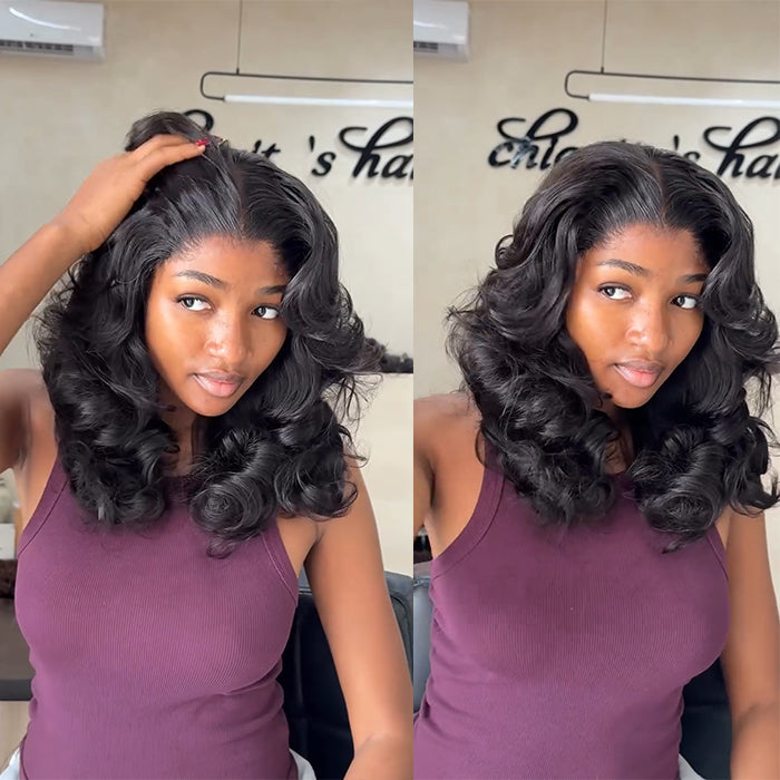 Natural Black Layered Bouncy Curly Bob Wig Middle Part Big Volume Wave Wig- Rafarada