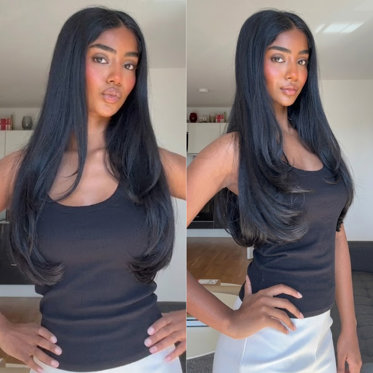 Premium Natural Black Silky Layered Straight Wig Glueless Lace Front Human Hair Wig- Rafarada