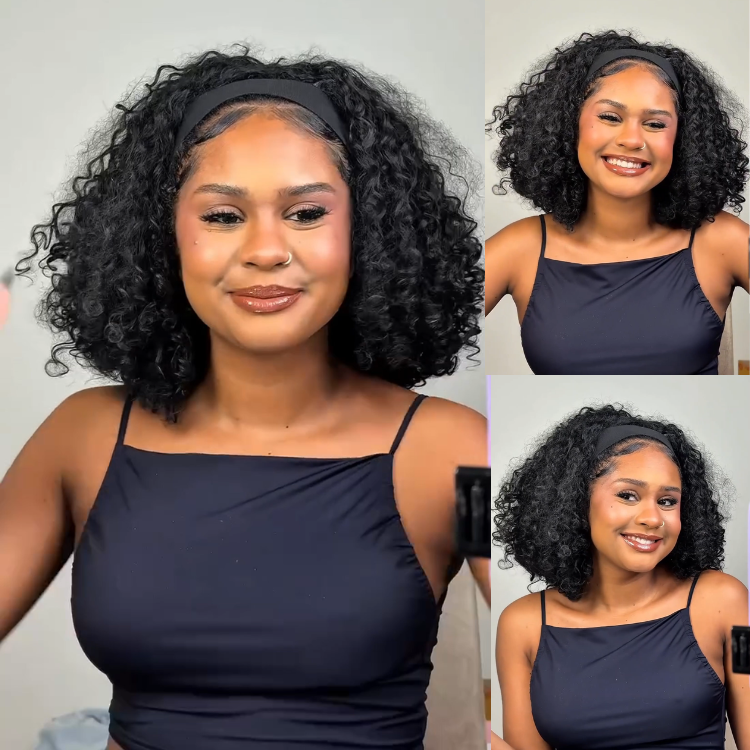 Voluminous Shoulder-Length Kinky Curly Headband Wig Human Hair Glueless HD Lace Front Wig Natural Black Full Curl Scarf Wig- Rafarada