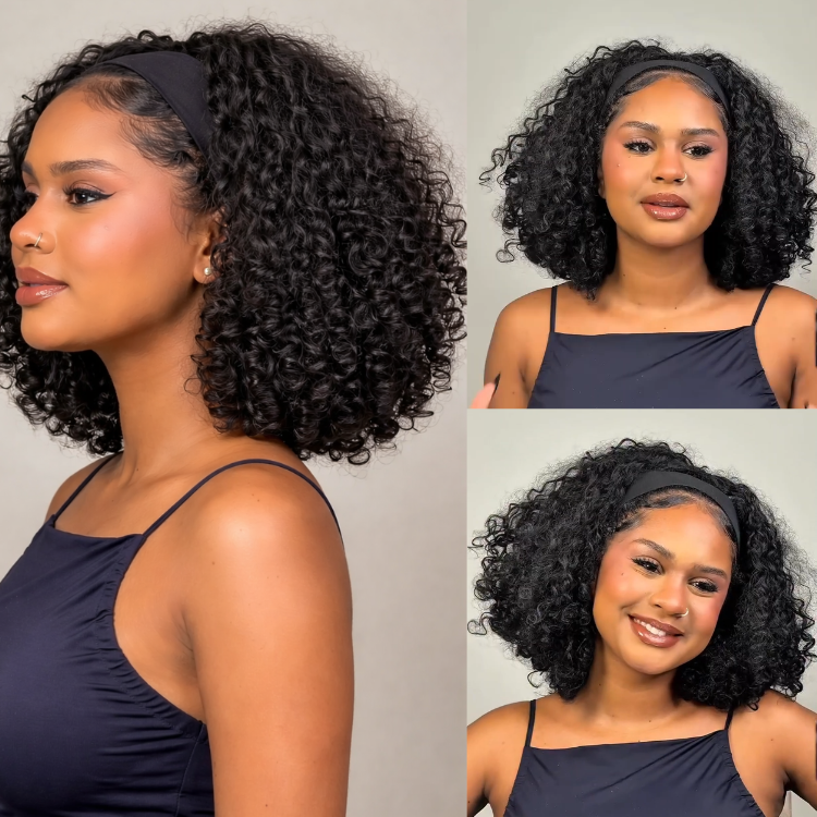 Voluminous Shoulder-Length Kinky Curly Headband Wig Human Hair Glueless HD Lace Front Wig Natural Black Full Curl Scarf Wig- Rafarada