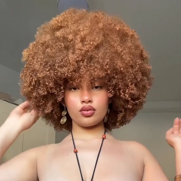 Light Brown Voluminous Curly Afro Full Wig – Naturally Full and Breathable Glueless Human Hair Wig - Rafarada