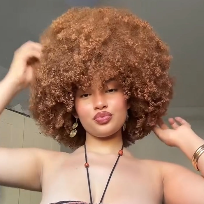 Light Brown Voluminous Curly Afro Full Wig – Naturally Full and Breathable Glueless Human Hair Wig - Rafarada