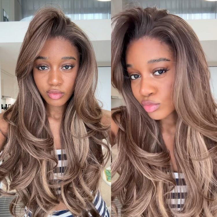 Rafarada Long Body Wave Human Hair Wig - 13x4 Lace Front Light Brown Balayage with Blonde Highlights - Glueless Pre-plucked Hairline- Rafarada