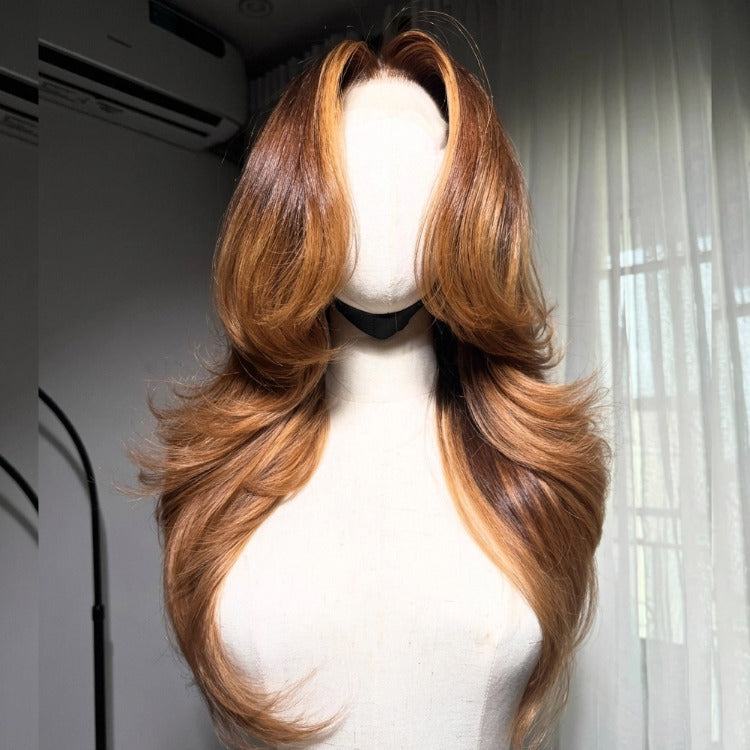 Glueless Honey Blonde Highlight Layered Lace Front Wig Wth Curtain Bangs Human Hair Wig- Rafarada