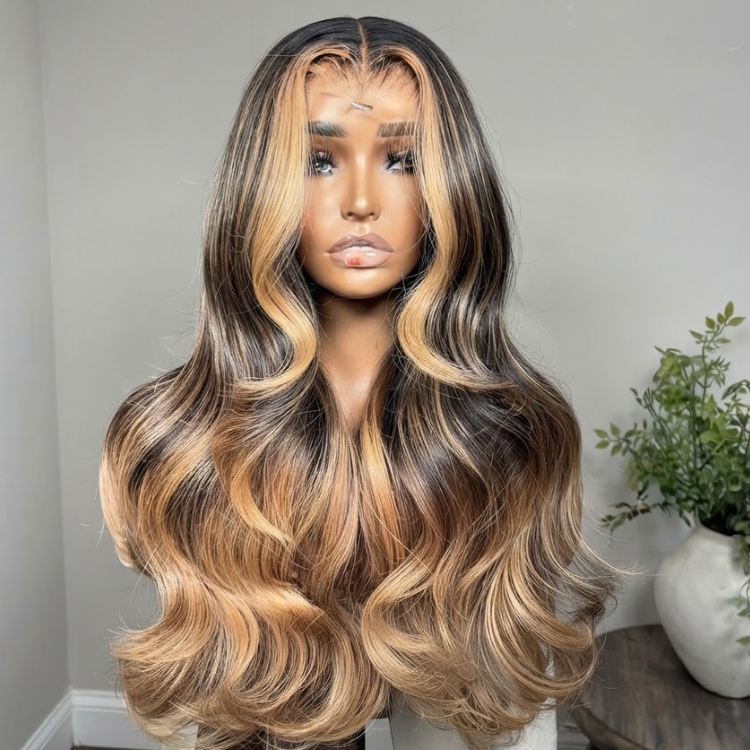 Glueless Ombre Honey Blonde and Brown Loose Body Wave Lace Front Wig - High Density HD Transparent Lace Human Hair Wig- Rafarada