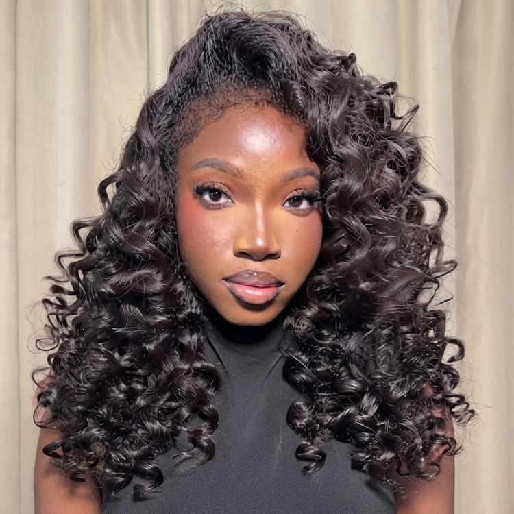 Jet Black Loose Deep Wave Lace Front Wig - Voluminous Bouncy Curl Human Hair Wig with Pre-Plucked Baby Hair- Rafarada